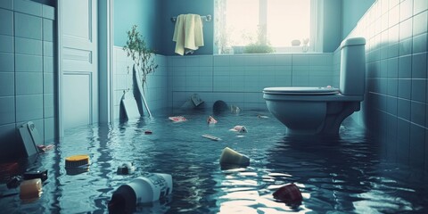 A flooded bathroom with water covering the floor due to a clogged toilet. The room is filled with objects floating in the water- creating a chaotic- messy scene
