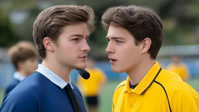 High-quality, ultra-detailed photo of athletes in uniforms arguing during soccer practice on a grassy field with a ball and whistle.