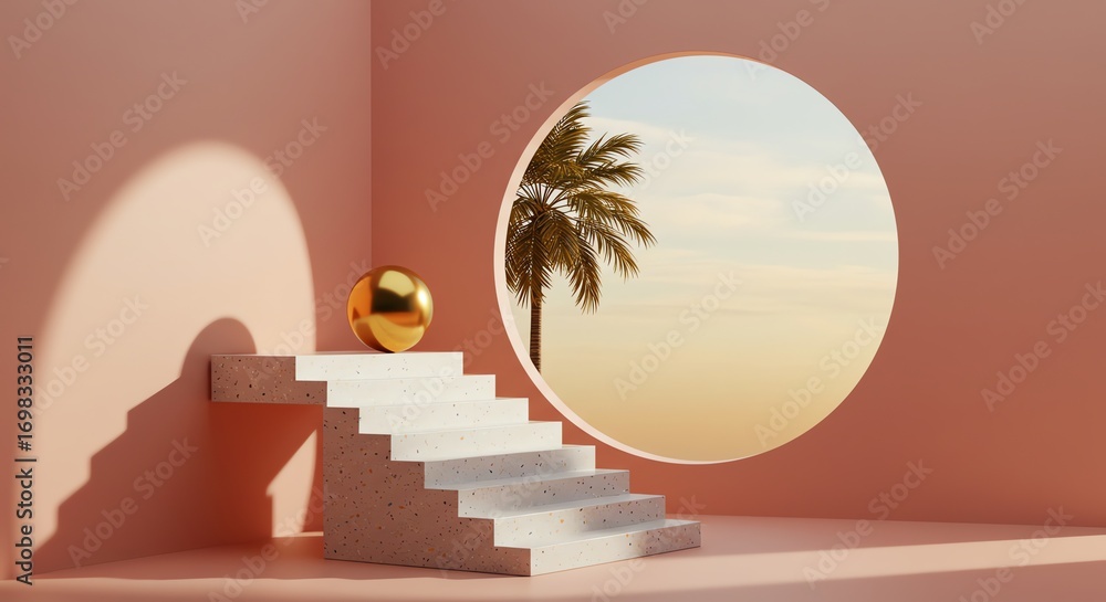 Poster geometric architecture with palm tree and circular window