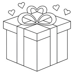 Black and white line art isometric gift box with ribbon and hearts present