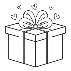 Black and white line drawing of a gift box with a bow and hearts present ribbon