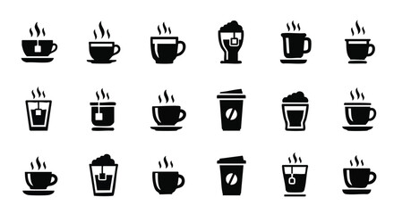 Variety of steaming hot tea cups and coffee cups for a cozy cafe or restaurant promotion