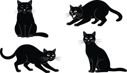Black cats in different poses silhouette vector illustration, sitting, standing, angry, stretching, Halloween design, spooky animal artwork collection