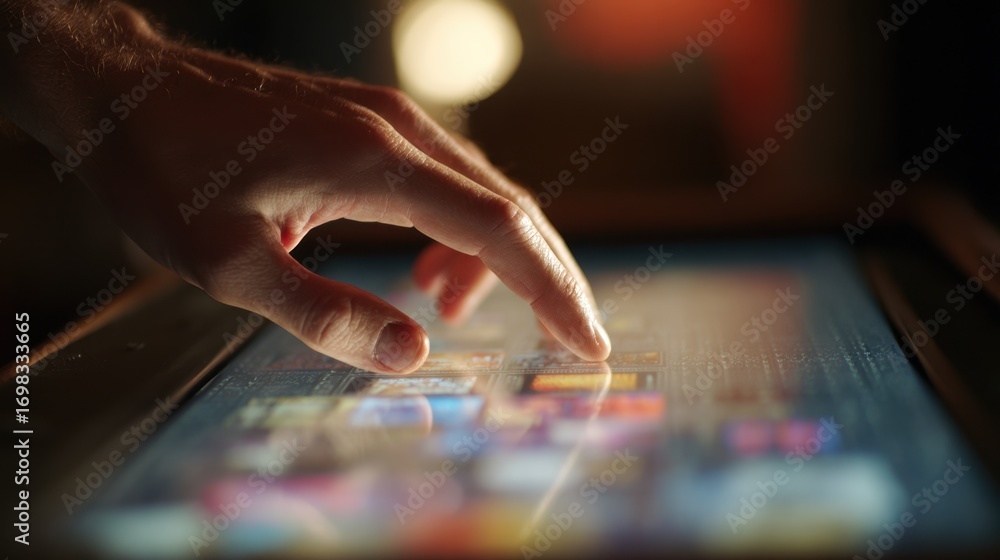 Poster focused closeup on a hand navigating an audio sample touchscreen panel with historical music formats