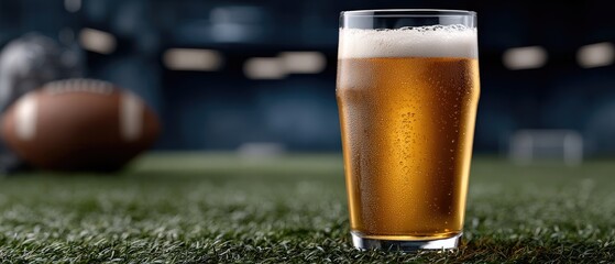 A glass of chilled beer rests on a wooden table at an empty stadium, with lights shining and creating a welcoming ambiance