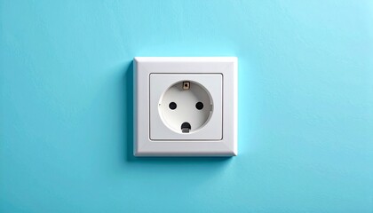 Clean white electrical power outlet on a vibrant light blue wall, an essential connection for modern household energy and electricity supply, symbolizing utility