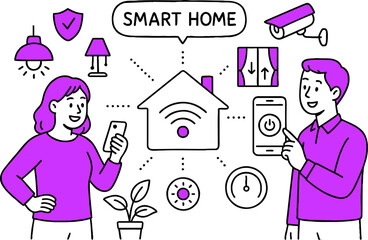 Vector illustration of a woman surrounded by WiFi-enabled devices in a smart home workspace. Modern lifestyle using information technology and wireless internet