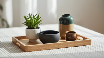Tranquil Tabletop Display: A collection of ceramic pots and a succulent plant arranged artfully on a wooden tray, bathed in soft natural light creating a serene and minimalist aesthetic.