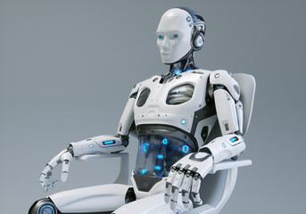 An humanlike robot sits in a chair