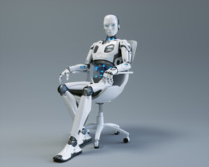 An humanlike robot sits in a chair