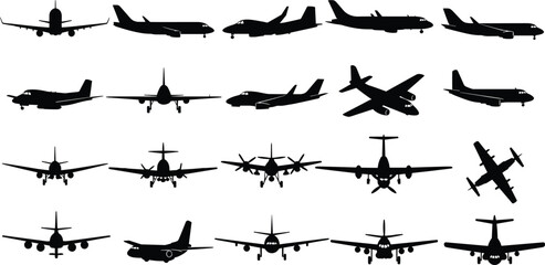 Airplane, silhouettes, aircraft, aviation, flight, jet, propeller, military, commercial, transport, travel, black, outline, vector, illustration, isolated, design, element, sky, icon, set, graphic