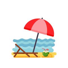 A beach scene illustration featuring a red and pink umbrella, a lounge chair, waves, and a coconut drink with straws.
