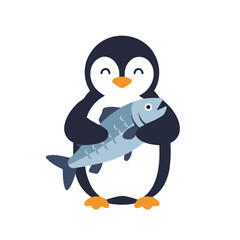 A cheerful penguin proudly holds a large, freshly caught fish in its flippers, presented as a vibrant 2D flat vector illustration with clean outlines on a crisp white background.