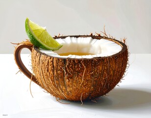 Half Coconut Used as a Unique Tea Cup Isolated on White