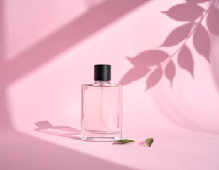 ピンク背景に映えるガラスの香水ボトルと影の美しいフレグランスイメージ｜高級感,化粧品,香水,美容,ラグジュアリー