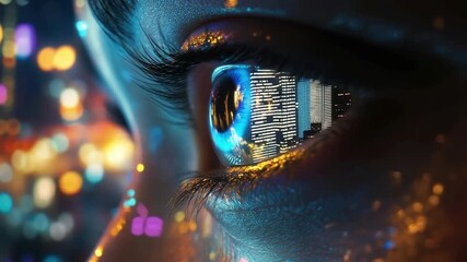 Close-up angle of a human eye reflecting digital data, evoking a futuristic and technological video concept with vibrant neon colors. Live desktop wallpaper. - Powered by Adobe