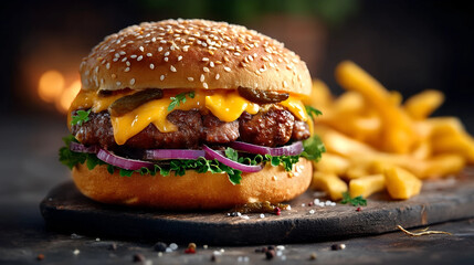 Gourmet Burger Delight: A meticulously crafted, mouthwatering gourmet burger alongside a pile of golden, crispy fries on a wooden board. The scene tantalizes with savory details.