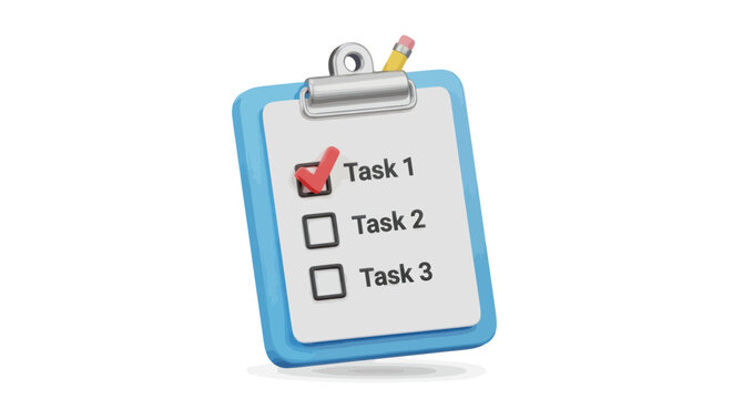 Blue clipboard with a checklist showing the first task completed with a red checkmark.