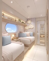 A charming, light-filled twin bedroom, accented with pastel blue and natural wood tones, features a contemporary design and comfortable furnishings.