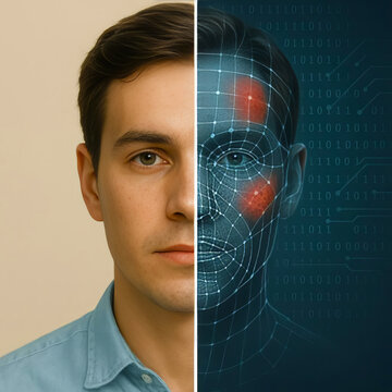 Deepfake Detection Concept, Authentic vs Fake Portrait
