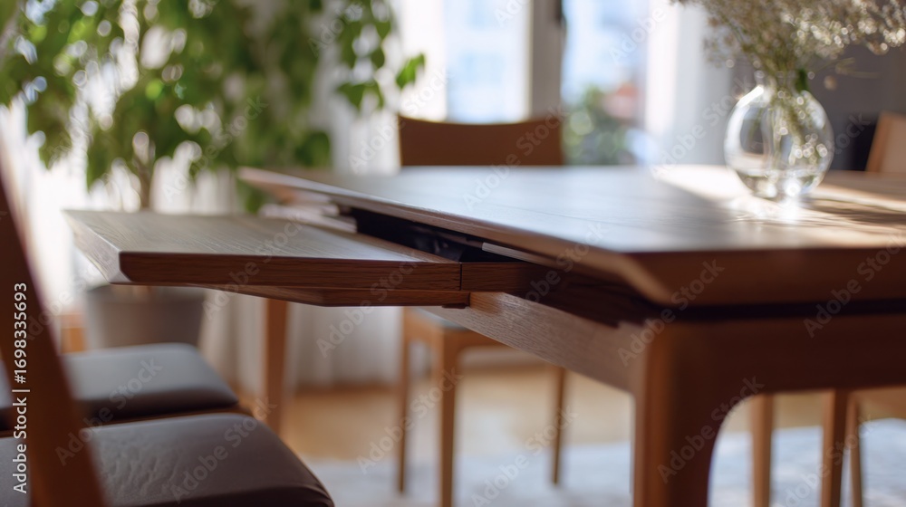 Poster medium shot of an extendable dining table partially pulled out emphasizing its smooth sliding mechan