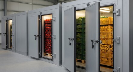 Medium shot focusing on a modular cold storage setup in an agricultural warehouse demonstrating organized storage of harvested crops in climatecontrolled conditions.