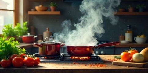 A chaotic yet vibrant kitchen scene, pots bubbling on the stove, steam rising, ingredients scattered across countertops, conveying a sense of energetic cooking , preparation, sauce, recipe