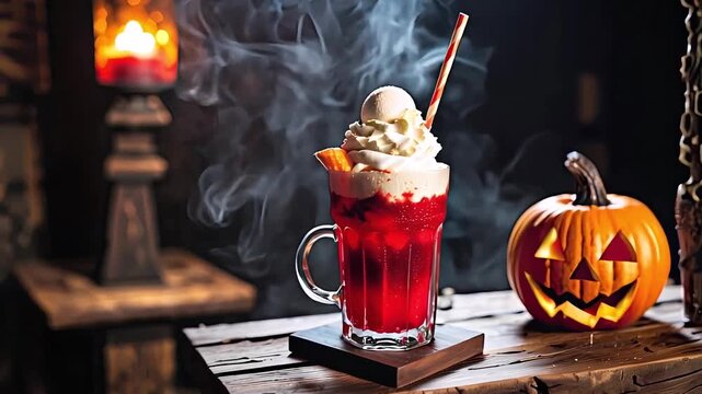  A red Halloween drink with ice cream float on a dark background with copy space