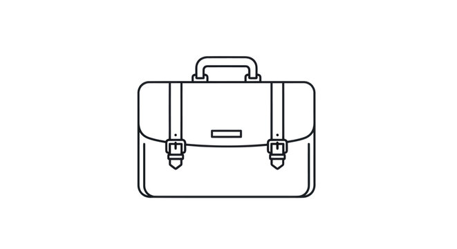A simple black line art icon of a classic business briefcase with straps and buckles.