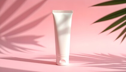 Skincare tube on a blush pink background with palm leaf shadows