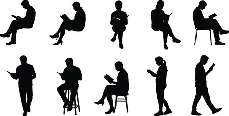 People reading books silhouette vector illustration, men and women sitting and standing, education design, literature artwork, study lifestyle concept for learning