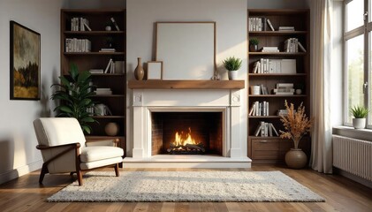 Cozy Living Room Fireplace Virtual Background Relaxing Armchair, Bookshelves, Perfect for Online Meetings, Streaming, and Virtual Events. Ideal for a Warm and Inviting Atmosphere.