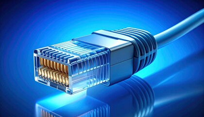 Macro photograph of a network cable plug symbolizing high-speed internet connectivity and digital data transmission with a futuristic blue glow