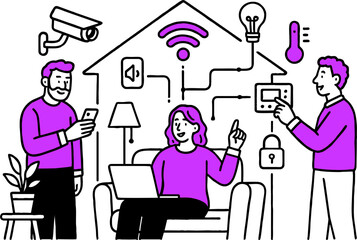 Vector illustration of a woman surrounded by WiFi-enabled devices in a smart home workspace. Modern lifestyle using information technology and wireless internet