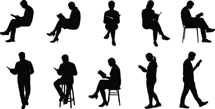 People reading books silhouette vector illustration, men and women sitting and standing, education design, literature artwork, study lifestyle concept for learning - Powered by Adobe
