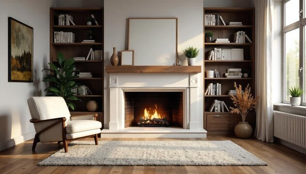 Cozy Living Room Fireplace Virtual Background Relaxing Armchair, Bookshelves, Perfect for Online Meetings, Streaming, and Virtual Events. Ideal for a Warm and Inviting Atmosphere.