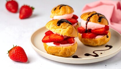 Strawberry cream puffs on plate