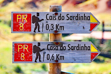Hiking tail signs on the island of Madeira.