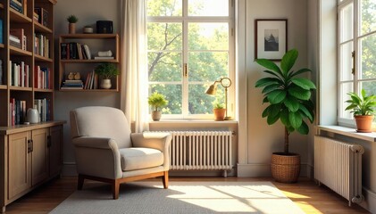 A cozy scene of a neatly organized home office, sunlight streaming through the window, highlighting a comfortable armchair and a well-stocked bookshelf , minimalist, hygge, cozy