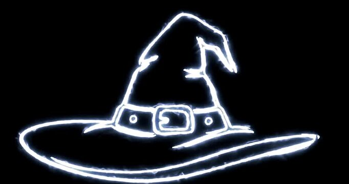 Glowing neon witch hat illustration against a dark black halloween background