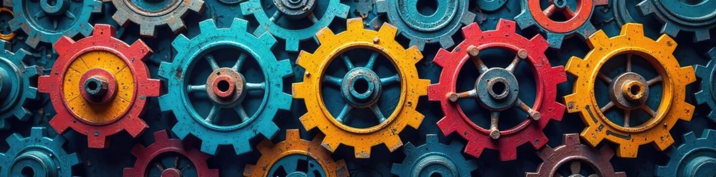 A diverse team of gears seamlessly meshing together, representing the complex yet efficient process of system integration , alignment, design