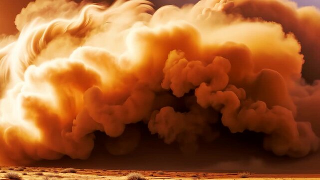Massive rolling sandstorm cloud sweeping across desert landscape with dramatic orange dust and powerful natural atmospheric phenomenon