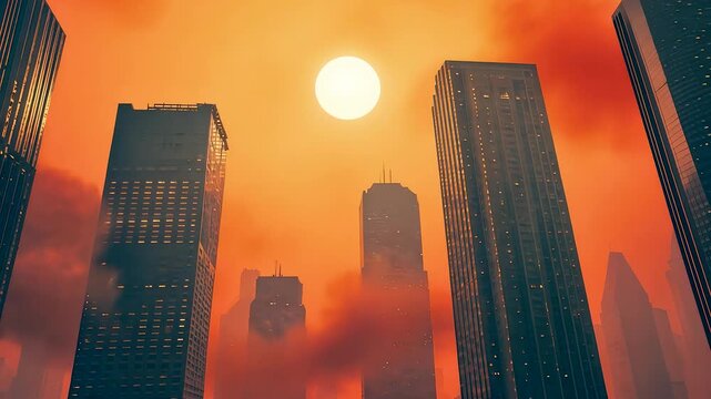 Tall skyscrapers in a modern city skyline with glowing sun shining through dramatic orange haze and atmospheric urban highrise view