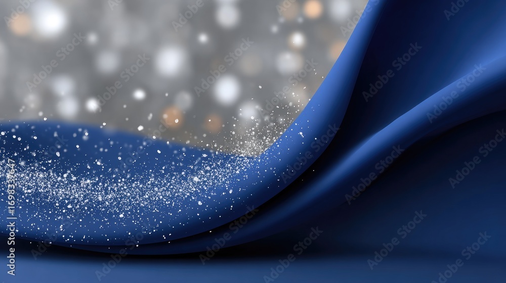 Poster dynamic blue backdrop showcases abstract wavy patterns with soft snowflakes, ideal for presentations