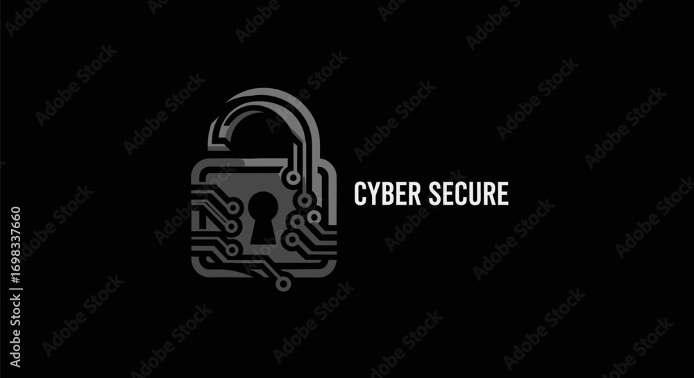 Poster cyber secure text with an open digital padlock icon.