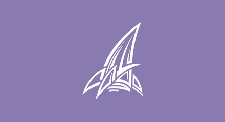 Abstract White Rocket Logo on Purple Background.