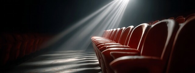 Seating area illuminated by dramatic light in an empty theater during a quiet evening