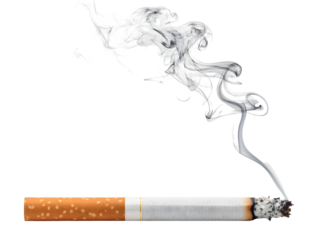 Horizontally Positioned Burning Cigarette with Ascending White and Gray Smoke on a white Background , png file 