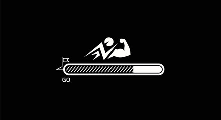 Fitness progress loading bar with strength and running icon.