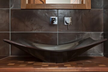 Modern brown bathroom with unique angular glass sink and wooden accents.